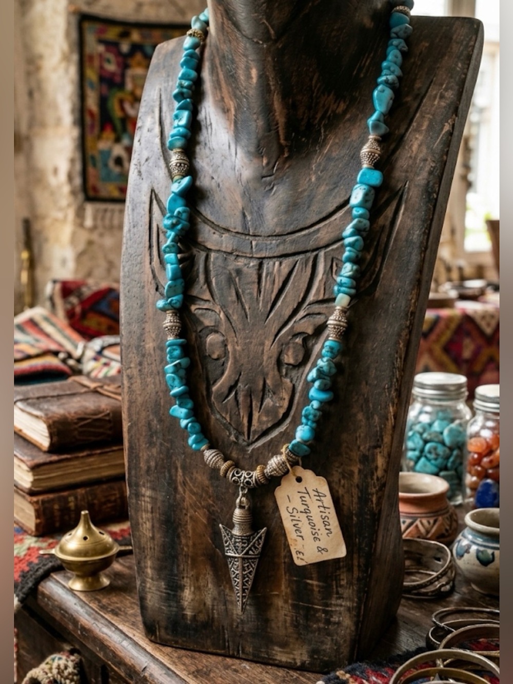 Artisan Turquoise and Silver-Tone Bead Necklace
